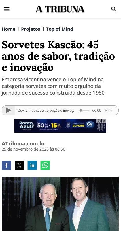 A Tribuna: Sorvetes Kascão 45 anos de sabor, tradição e inovação